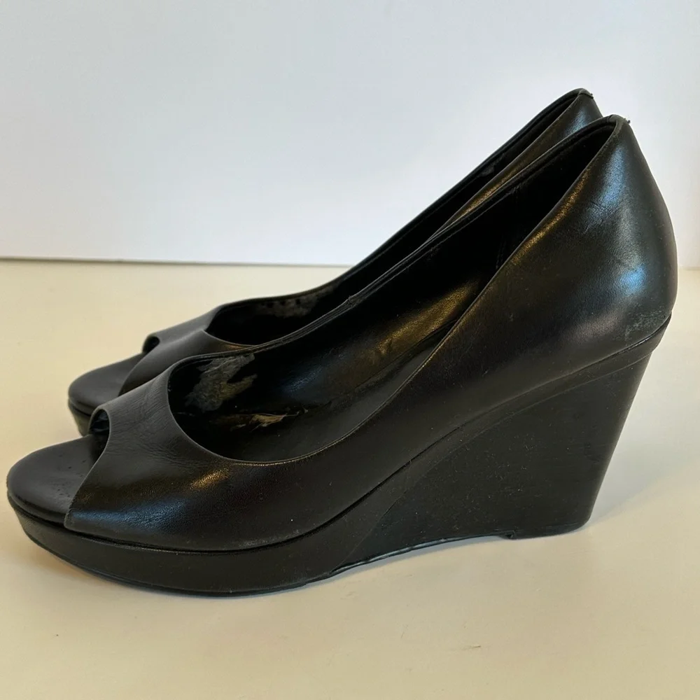 Cole Haan Black 100% Leather Peep Toe Platform Wedge Career Heels Sz 8M
